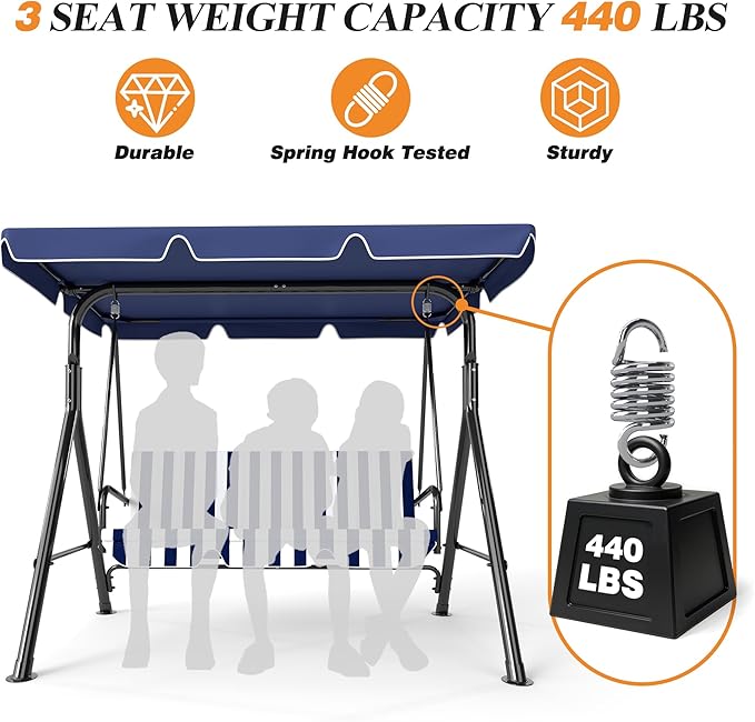 GARTOO 3-Seat Patio Swing Chair, Outdoor Porch Swing with Adjustable Canopy and Durable Steel Frame for Patio, Garden, Poolside(Nevy Blue)