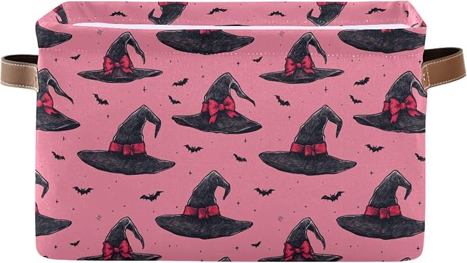 Wamika Halloween Witch Hat Storage Basket with Waterproof Liner and PU Handles Pink Bow Bowknot Bat Storage Bins Boxes 14.2" Collapsible Decorative Organizer Baskets for Bedroom Closet Office 1 Pack
