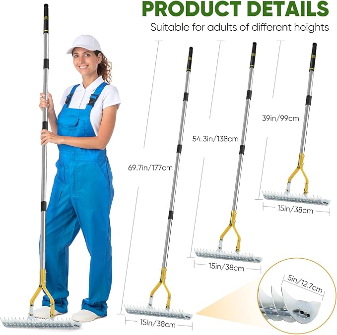 Thatch Rake, 15-Inch Steel Lawn Dethatcher with Handle, Heavy Duty Grass Cleaning Tool for Dead Grass and Soil Loosening, Versatile Yard and Garden Grooming