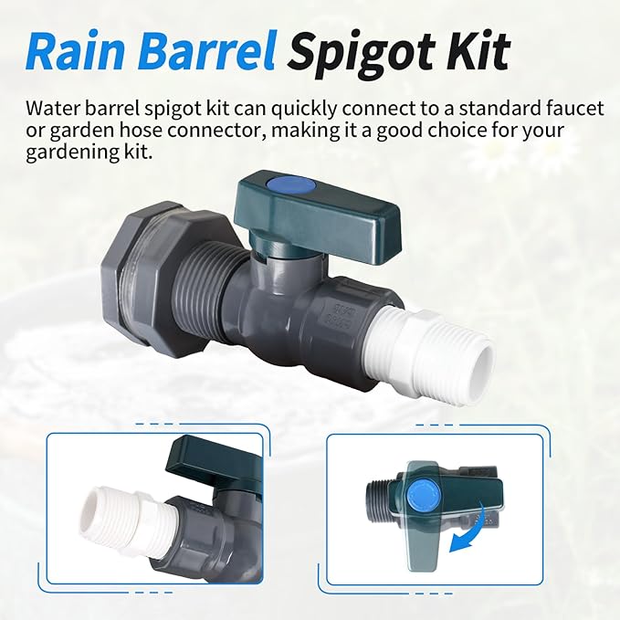 Rain Barrel Spigot Kit with PVC Bulkhead Fitting Adapter, 3/4" Rain Barrel Valve Diverter Kit for Water Tanks, Garden Barrels (2 Pack)