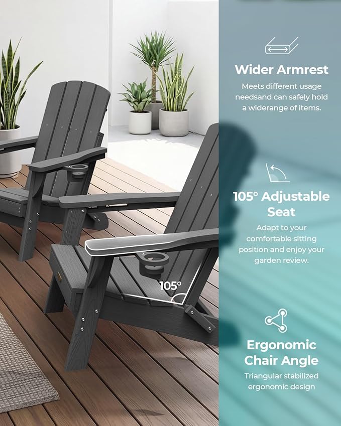 Folding Adirondack Chair 2 Pack, HDPE All-Weather Fire Pit Chairs, Plastic Adirondack Chairs with 2 Cup Holder, Outdoor Lawn Chair for Patio Garden (Grey)