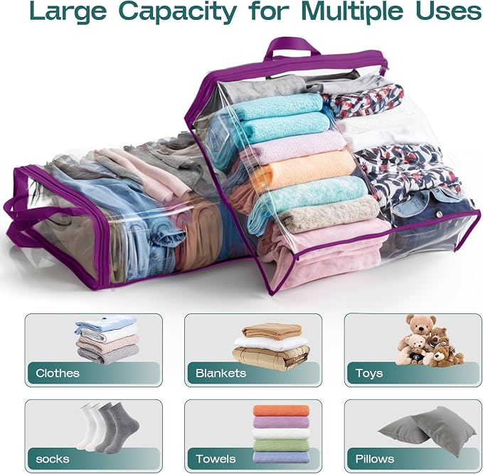 10PACK Clear Zippered Storage Bags for Clothes, 22L Clear Storage Bag, and Blanket Storage Bags for Bedding, Linen, Blankets, Comforters, Clothing & Toys (Purple)
