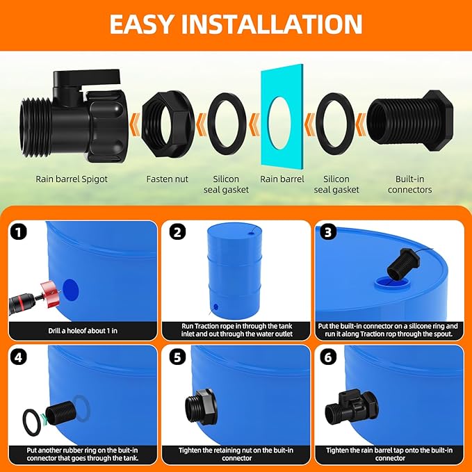 3/4 Inch Rain Barrel Spigot Kit with 3/4 Inch Shut Off Valve & Bulkhead Fitting, Plastic Garden Hose Faucet Adapter for Rain Barrels Aquariums Water Tanks Tubs Pools Spigot（4 Pack ）