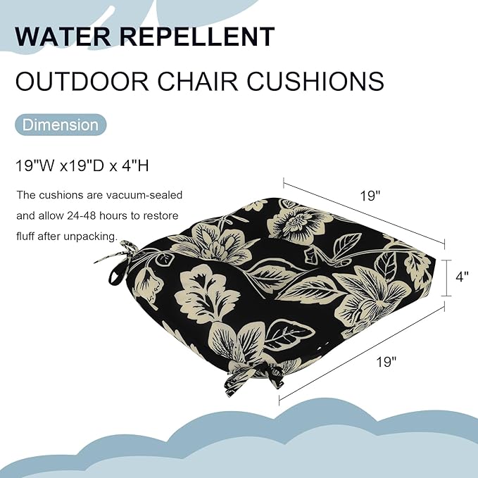 DYTXIII Set of 2 Outdoor Chair Cushions 19"x19"x4", Water Repellent Tufted Patio Seat Cushions with Ties, Thick Replacement Pads for Wicker Dining Chairs, Patio Furniture, Vines Black
