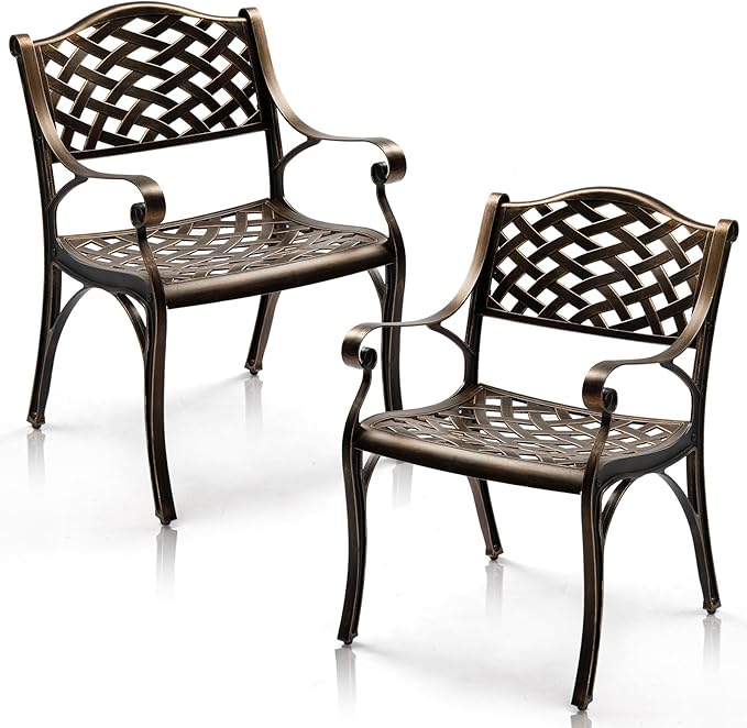 VINGLI Outdoor Dining Chairs Set of 2, Cast Aluminum Patio Chairs, All-Weather Aluminum Outdoor Chairs Patio Furniture for Porch, Bistro, Backyard and Balcony Bronze