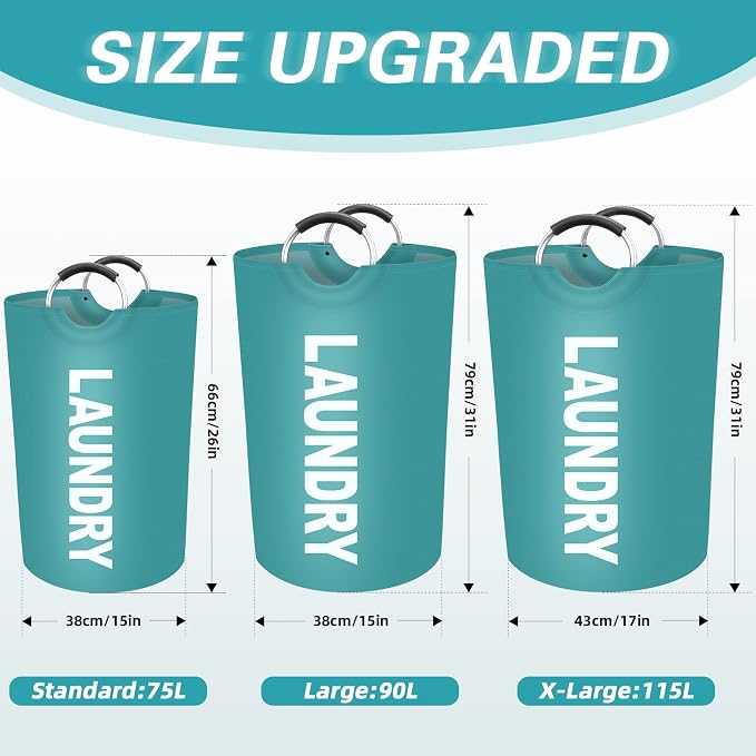 75L Large Laundry Basket, Dirty Clothes Waterproof Laundry Hamper, Green | Collapsible Laundry Basket with Foam Protected Aluminum Handles for Laundry Dorm Family, Black Dirty Clothes Hamper