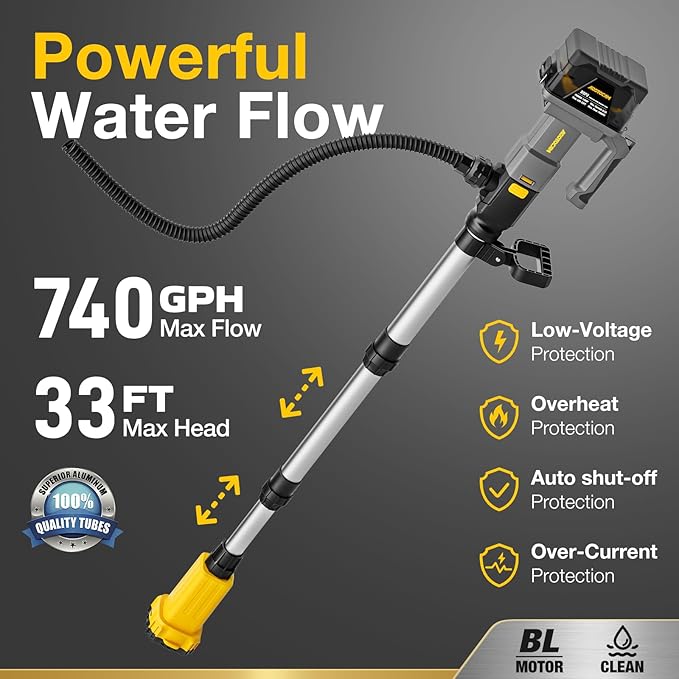 Cordless Stick Water Transfer Pump Compatible with Dewalt 20V Battery(Tool Only), 740GPH Cordless Water Pump Submersible Sump Pump,Telescoping Pole Utility Pump for Pool Garden Pond