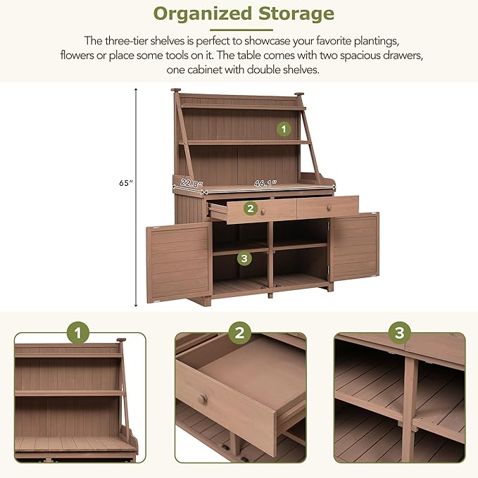 65inch Garden Potting Bench Table, Fir Wood Workstation with Storage Shelf, Drawer and Cabinet (Brown@017, 65inch)