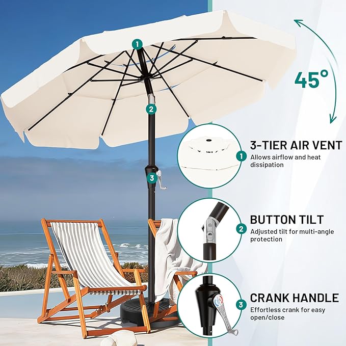 AreShark 9FT 3-Tiers Patio Umbrella with Valance, Outdoor Umbrellas with Crank/Tilt, Table Market Umbrella Vented w/ 8 Sturdy Ribs for Garden, Deck, Backyard, and Pool, Cream White