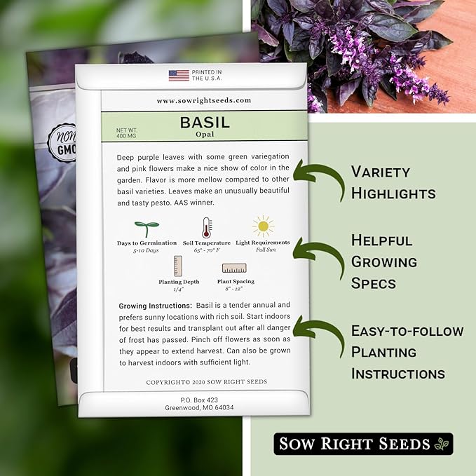 Sow Right Seeds - Opal Basil Seeds for Planting - Non-GMO Heirloom Packet with Instructions to Plant Indoors or Outdoor - Great for Hydroponics or Growing a Kitchen Herb Garden - Purple Leaves (3)