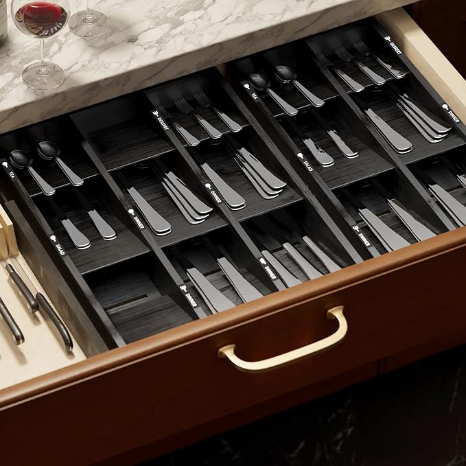 SpaceAid Bamboo Silverware Drawer Organizer with Labels, Kitchen Utensil Tray Holder Organizer for Flatware, Cutlery, Spoon and Knives Drawer Storage Organization (Black, 6 Slots)