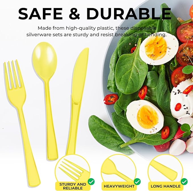 75 PCS Plastic Silverware Disposable Silverware Heavy Duty Utensil Sets 25 Of Each Forks Knives & Spoons Disposable Cutlery Set For Easter,Birthday,Baby Shower,Garden Party,Wedding(75,Yellow)
