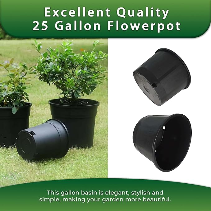 5 Pack 25 Gallon Large Plant Pot Black Grower Nursery Pot Flower Pots Outdoor Garden Seedling Planters Containers, Plastic Injection Molded Pots with Drainage Holes