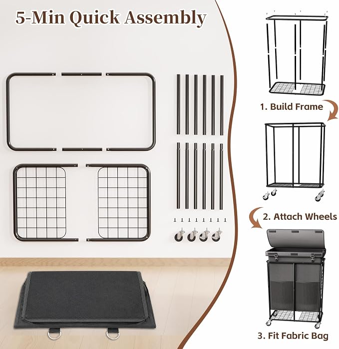 Laundry Hamper with Wheels and Lid, 225L Large Rolling Laundry Basket Gray | Heavy Duty Clothes Organizer, Sturdy Metal Frame, Lockable Swivel Casters, Removable Bag, For Bedroom, Bathroom, Laundry Room
