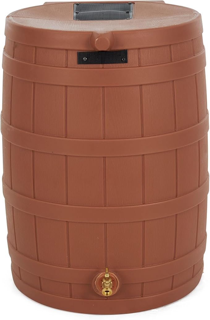 Good Ideas Rain Wizard 50 Gallon Plastic Outdoor Home Rain Barrel Water Storage Collector with Brass Spigot and Flat Back Design, Terra Cotta (2 Pack)