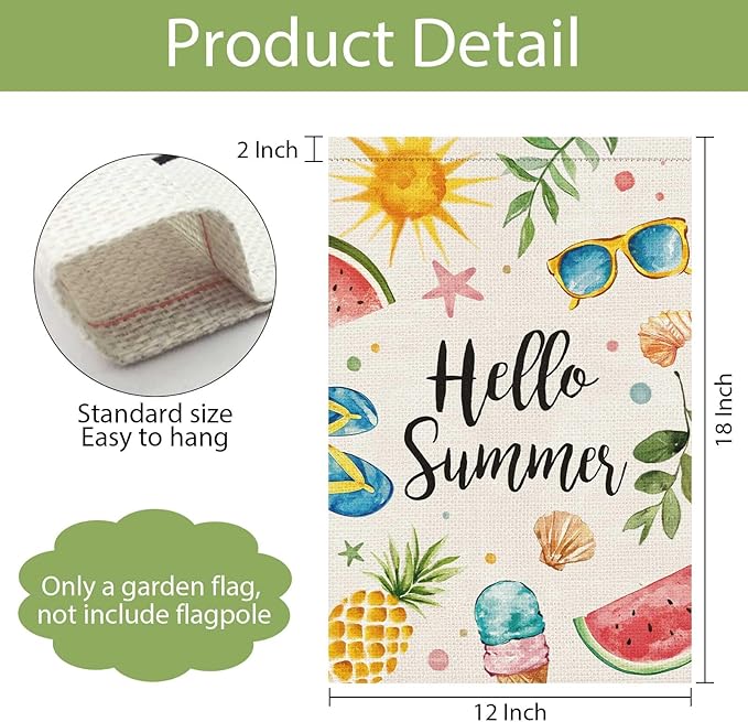 Hello Summer Garden Flag 12x18 Inch Double Sided Vertical, Small Burlap Colorful Sun Ice Cream Fruits Beach Sign Yard Outdoor Decoration
