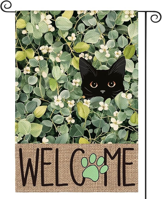 AVOIN colorlife Spring Summer Floral Garden Flag 12x18 Inch Double Sided Outside, Eucalyptus Black Cat Welcome Seasonal Yard Outdoor Flag