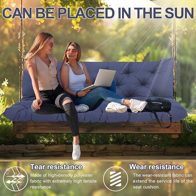 Premium 5"Thick Waterproof Outdoor Swing Cushions Sturdy Durable 2-3 Seat Replacement Porch Swing Cushions with Backrest&Ties Bench Cushion for Outdoor Furniture Backyard Patio(Navy Blue48x40)