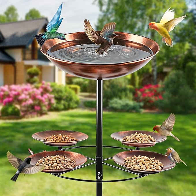 2.8" Deep 41" Tall Metal Bird Bath Bow with 4 Set Bird Feeder for Outdoors,12" Dia 2-in-1 Bird Bath & Feeder Water Bowl,Vintage Standing Birdbaths with Stable Stake for Garden Yard Lawn Decor