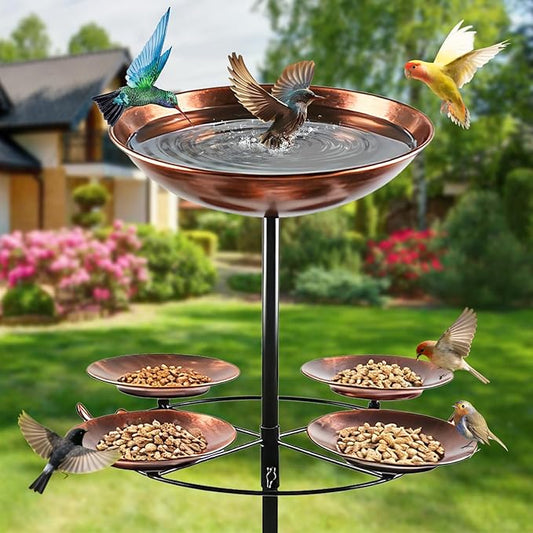 2.8" Deep 41" Tall Metal Bird Bath Bow with 4 Set Bird Feeder for Outdoors,12" Dia 2-in-1 Bird Bath & Feeder Water Bowl,Vintage Standing Birdbaths with Stable Stake for Garden Yard Lawn Decor