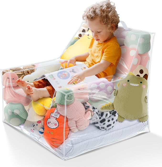 Teenyyou Stuffed Animal Storage Bean Bag Chair Sofa Cover Zipper Large Transparent PVC Stuffed Animal Organizer Bean Bag Seat Only for Organizing Rooms Plush Toys When Filled (Sofa Style,24.8 Inch)