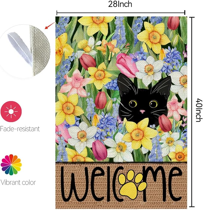 CROWNED BEAUTY Spring Summer House Flag Black Cat Double Sided 28x40 Inches Large Burlap Welcome Holiday Seasonal Yard Decoration for Outside Porch