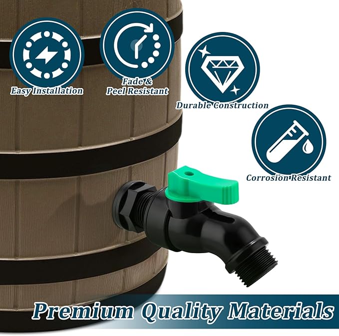 Plastics Rain Barrel Spigot Kit High Flow Valve Core Water Tank Faucet+PVC Bulkhead Fitting 1/2" NPT to 3/4" GHT Rain Barrel Spigot for Plastic Bucket Rainwater Drum Container Downspout Collector in