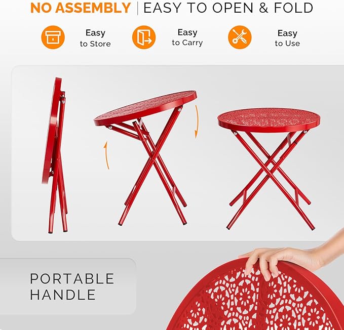 VINGLI Outdoor Folding Side Table with Chic Hollow Pattern and Durable, Rust-Resistant Coated Iron Patio Bistro Table Suitable for Indoor & Outdoor Porch, Deck, Balcony and Pool,Red