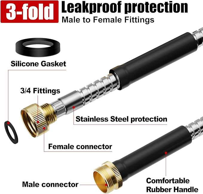 Beitopamz Short Garden Hose 3 ft, Male to Female Heavy Duty Stainless Steel Small Water Hose Extende Connector, Flexible No Kinks, Leakproof 3/4 in Fittings, Lightweight Leader Hosefor Patio, Lawn