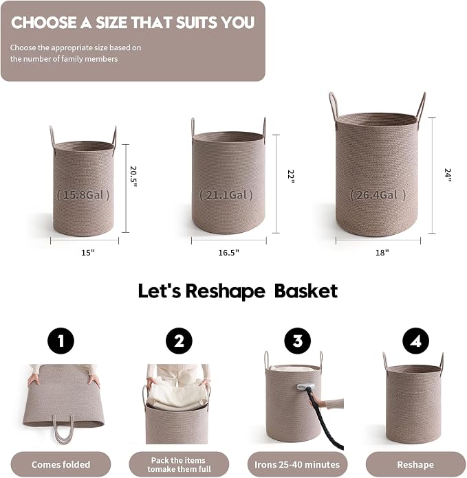 Laundry Basket Hamper Tall Rope Storage Woven for Blanket toys Dirty Clothes in Living Room Bathroom Bedroom (Tan, 100L/26.4Gal)