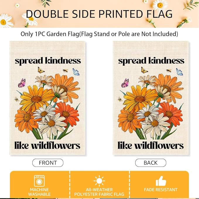 Spread Kindness Like Wildflowers Garden Flag, Double Sided Home Farmhouse Outdoor Decor Banner, Native Pollinator Friendly Gifts For Nature Lover, Funny Housewarming Gifts For Family Firend