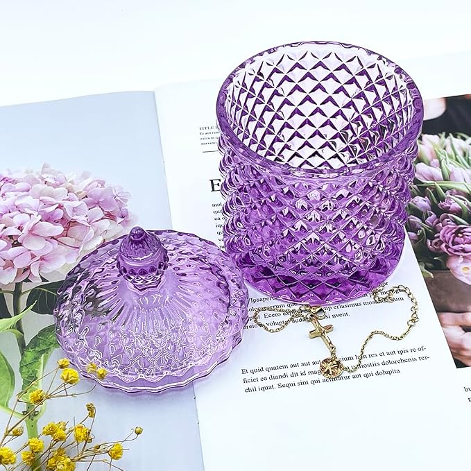 Colorful Glass Jar With Lid,Trinket Dish,Candy Cookie Jars,Vanity Organizer for Cotton Balls, Bathroom Decor,Decorative Jar(PInk Purple)
