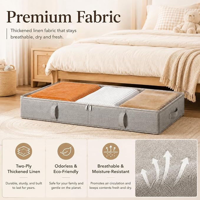 Side-Supported Under Bed Storage Containers, 6 Inch 60L Clothes Storage Bin | Underbed Storage Bin with Sturdy Handles and Sidewalls, Closet Organizer for Clothes, Blankets, Seasonal Items, Gray, 2 Pack