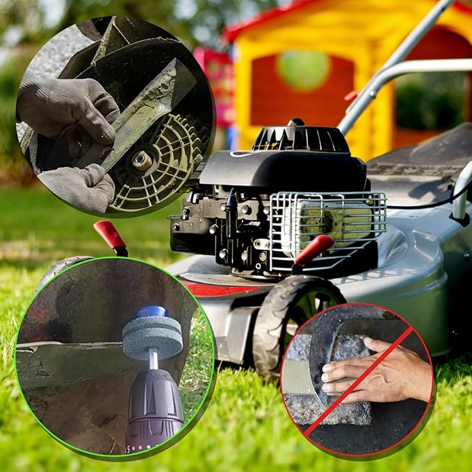Lawn Mower Blade Sharpener, 4PCS Double Layer Corundum Mower Blade Sharpener, Lawnmower Blade Sharpener for Any Power Hand Drill