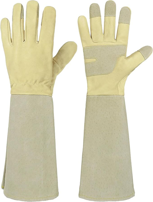 HANDLANDY Rose Pruning Gardening Gloves for Men Women, Thorn Proof Forearm Protection Leather Garden Gloves, Gardening Gifts for Gardeners (Vanilla, Large)