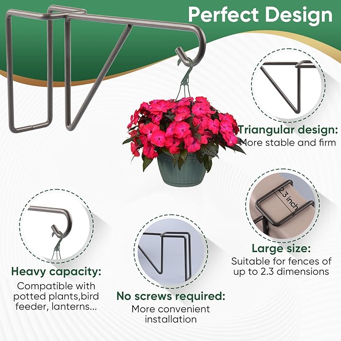 4 Pack Vinyl Fence Hooks, Heavy Duty Durable Brown Fence Plant Hangers for Outdoor, Patio Hooks, Over The Fence Hook for Hanging Plants, Flower Baskets, Bird feeders, Lights, Pool Equipment