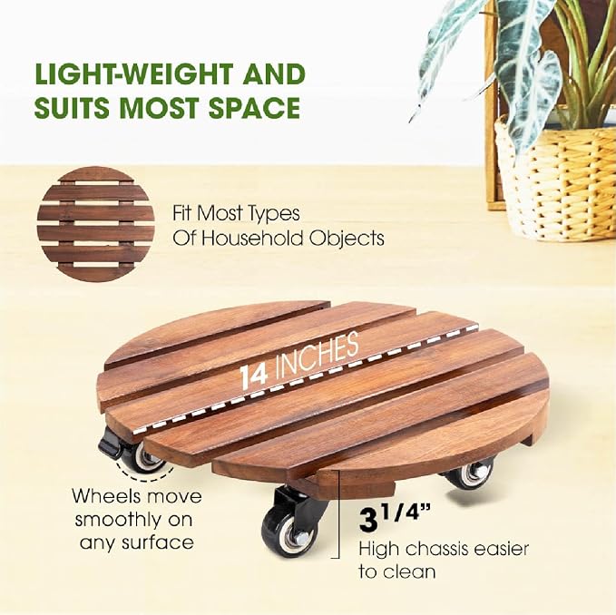2-Pack 14 Inch Acacia Wood Plant Caddy with Wheels – Heavy-Duty Plant Dolly with 264 Lbs Capacity, 360° Lockable Wheels for Large Plant Pots, Heavy Objects, Ideal for Indoor and Outdoor Use