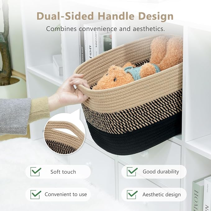 ECDYQXVU 15x10x9 Inch Woven Cotton Rope Storage Basket, 2 Pack | Foldable Design, Built-in Handles, Space-saving Organizer for Living Room, Bedroom, Laundry, Shelves, Clothes, Towels
