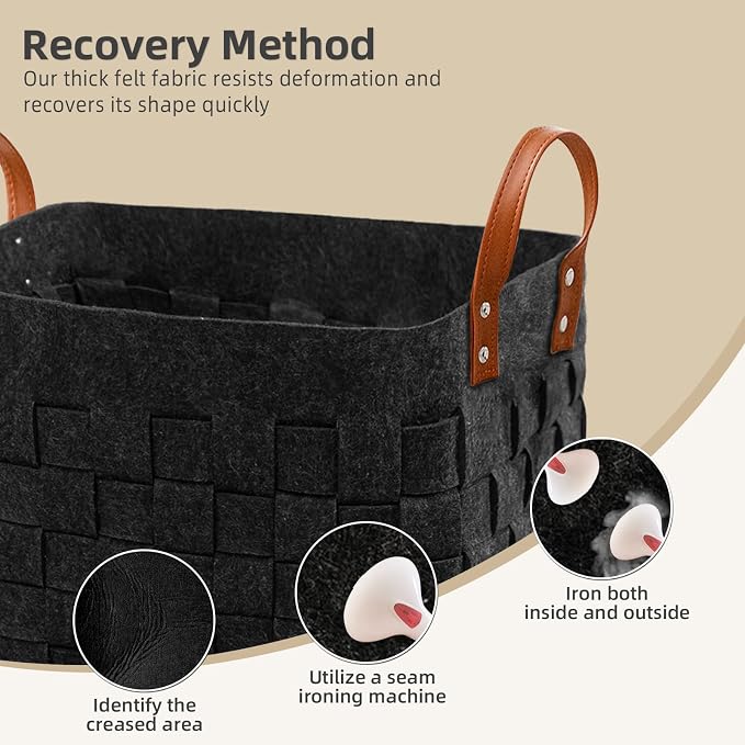 BOLDMONKEY Laundry Basket 15" x13 " x11 " 2 Pack, Large Rectangular Blanket Basket with Leather Handle, Felt Storage Basket for Living Room, Nursery, Dog Toys-Dark Gray