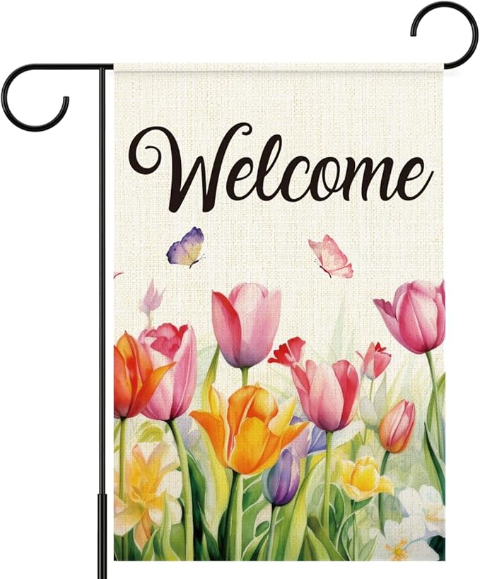 Welcome Flags for Outside,Spring Tulips Garden Flag for Yard Patio Lawn Decoration,12x18 Inch Double Sided