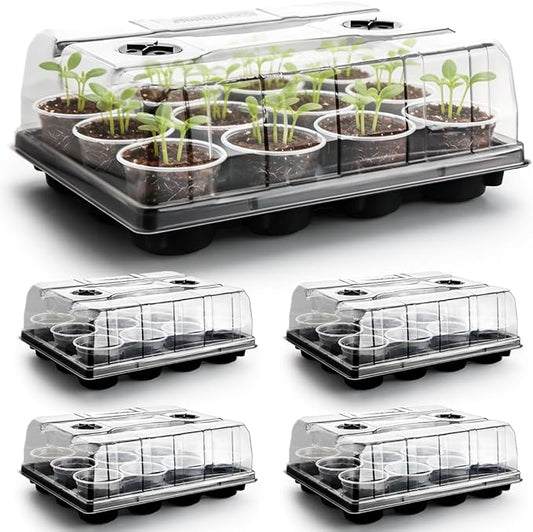 RooTrimmer 5 Pack 12 Cell Nursery Pot Trays with Adjustable Humidity Domes & 4 Inch Clear Pots 60 Pack, Sturdy Seed Starting Kit for Greenhouse Garden, Reusable Plant Growing Germination 5 Sets