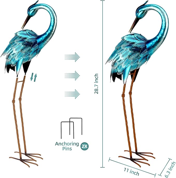 chisheen Crane Garden Statues, Metal Garden Crane Outdoor, Blue Heron Sculpture Metal Yard Art, Large Heron Decoy, Bird Statues, Lawn Ornaments for Backyard Pond Patio Porch Outside Decorations