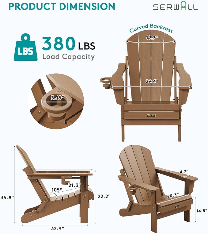SERWALL Folding Adirondack Chair Set of 2 Outdoor Chairs Painted Adirondack Chair with Cup Holder Weather Resistant for Patio Deck Garden, Backyard Deck, Fire Pit- Brown