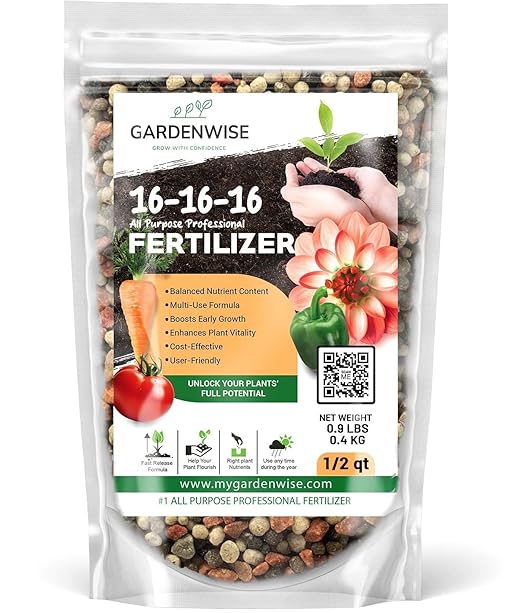 GARDENWISE 16-16-16 All Purpose Professional Fertilizer - Lawn, Flower, Tree, Shrub & Vegetable Garden Fertilizer (1/2 Quart)