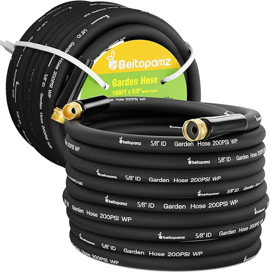 Beitopamz 100 ft Garden Hose, 5/8 in Heavy Duty Water Hose, Flexible and Durable, Lightweight Rubber Hybrid Hose, Leak-Free Connections, Male to Female 3/4'' Brass Fittings for Patio, Lawn, Black