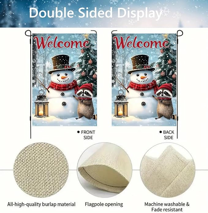 Welcome Winter Garden Flag 12x18 Double Sided, Small Burlap Seasonal Snowman Raccoon Bear Garden Flag Winter Christmas Outdoor Yard Decorations Porch Lawn Flags for Outside