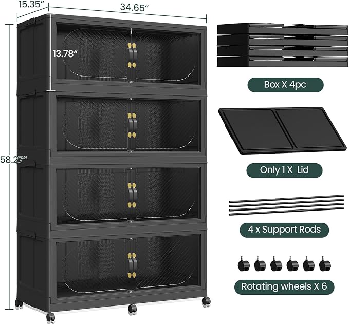 960QT Extra Large Stackable Storage Bins with Lid, 240Gal Plastic Closet Organizers and Storage Drawer, Collapsible Cabinet Box with Wheels Clear Doors for Home Kitchen Garage, 4Pack Black