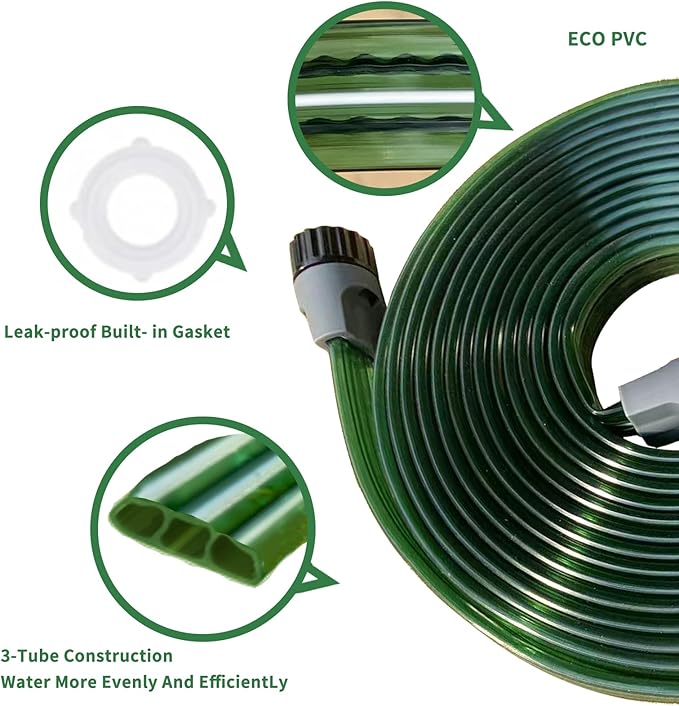 SECBULK 25FT Flat Sprinkler Hose for Lawn Watering Garden Soaker Hose with Holes, Heavy Duty Lightweight No-Kink Water Hose with Stakes, Irrigation Hose, Great Fun for Kids and Dog