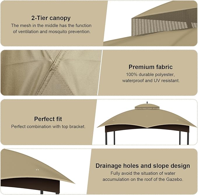 10x12 Replacement Gazebo Canopy Top Cover, Double Tiered Waterproof Canopy Roof for Lowe's Allen Roth Gazebo #GF-12S004B-1 (Khaki)