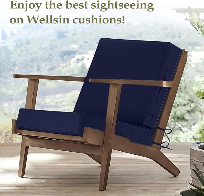 Wellsin Outdoor Deep Seat Patio Cushions, 22 x 22 Waterproof & 3-Year Fade Resistant Outdoor Cushions with Removable Covers,Ties and Handle for Chair, Sofa, Couch, Navy